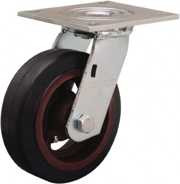 Hamilton - 6" Diam x 2" Wide x 7-1/2" OAH Top Plate Mount Swivel Caster - Rubber Mold on Cast Iron, 410 Lb Capacity, Straight Roller Bearing, 5 x 5-1/2" Plate - Exact Tooling