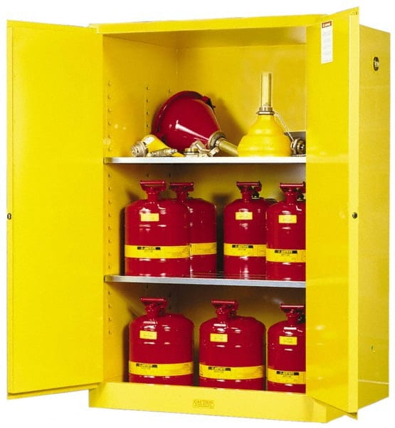Justrite - 2 Door, 2 Shelf, Yellow Steel Standard Safety Cabinet for Flammable and Combustible Liquids - 65" High x 43" Wide x 34" Deep, Self Closing Door, 90 Gal Capacity - Exact Tooling