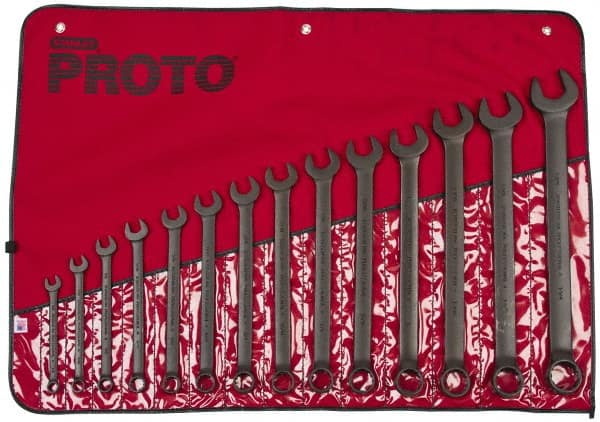 Proto - 14 Piece, 3/8" to 1-1/4", 12 Point Combination Wrench Set - Inch Measurement Standard, Black Oxide Finish, Comes in Nylon Roll - Exact Tooling