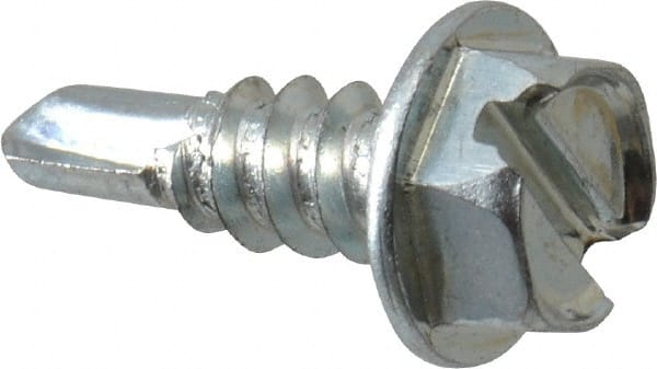 Value Collection - #8, Hex Washer Head, Slotted Drive, 1/2" Length Under Head, #2 Point, Self Drilling Screw - Grade 1016-1024 Steel, Zinc-Plated Finish - Exact Tooling