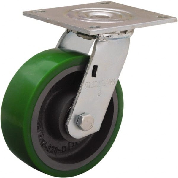 Hamilton - 6" Diam x 2" Wide x 7-1/2" OAH Top Plate Mount Swivel Caster - Polyurethane Mold onto Cast Iron Center, 900 Lb Capacity, Sealed Precision Ball Bearing, 5 x 5-1/2" Plate - Exact Tooling