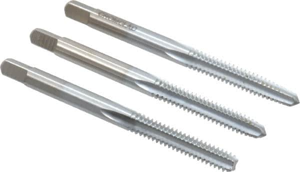 Made in USA - #10-24 UNC, 4 Flute, Bottoming, Plug & Taper, Chrome Finish, High Speed Steel Tap Set - Right Hand Cut, 2-3/8" OAL, 7/8" Thread Length, 2B/3B Class of Fit - Exact Tooling