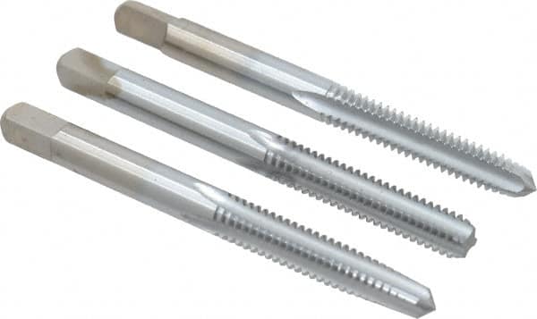 Made in USA - #12-24 UNC, 4 Flute, Bottoming, Plug & Taper, Chrome Finish, High Speed Steel Tap Set - Right Hand Cut, 2-3/8" OAL, 15/16" Thread Length, 2B/3B Class of Fit - Exact Tooling