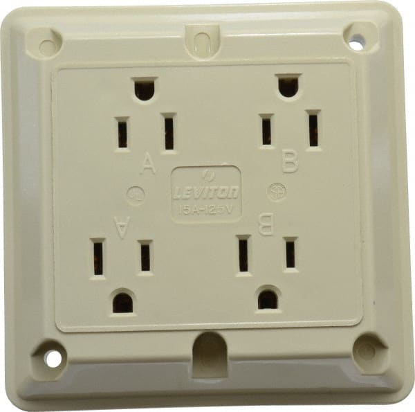 Leviton - 125 VAC, 15 Amp, 5-15R NEMA Configuration, Ivory, Specification Grade, Self Grounding Fourplex Receptacle - 1 Phase, 2 Poles, 3 Wire, Flush Mount, Chemical, Corrosion and Impact Resistant - Exact Tooling
