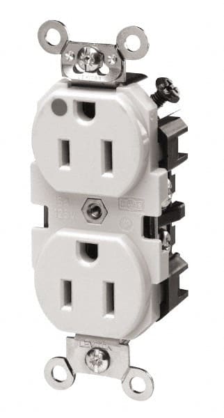 Leviton - 125 VAC, 20 Amp, 5-20R NEMA Configuration, White, Hospital Grade, Self Grounding Duplex Receptacle - 1 Phase, 2 Poles, 3 Wire, Flush Mount, Tamper Resistant - Exact Tooling