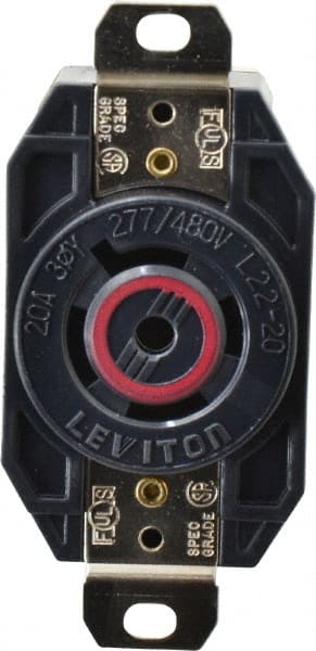 Leviton - 277/480 VAC, 20 Amp, L22-20R NEMA, Self Grounding Receptacle - 4 Poles, 5 Wire, Female End, Black - Exact Tooling
