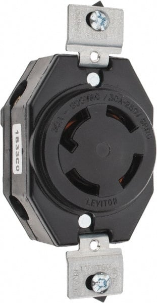 Leviton - 250 VDC, 250/600 VAC, 30 Amp, NonNEMA, Self Grounding Receptacle - 3 Poles, 4 Wire, Female End, Black - Exact Tooling