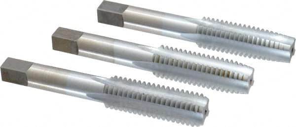 Made in USA - 9/16-12 UNC, 4 Flute, Bottoming, Plug & Taper, Chrome Finish, High Speed Steel Tap Set - Right Hand Cut, 3-19/32" OAL, 1-21/32" Thread Length, 2B/3B Class of Fit - Exact Tooling