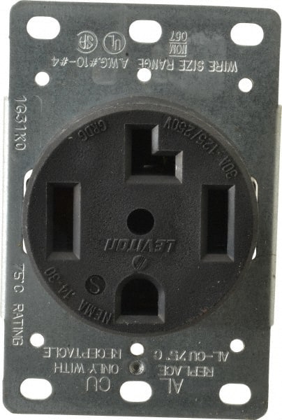 Leviton - 125/250 VAC, 30 Amp, 14-30R NEMA Configuration, Black, Industrial Grade, Self Grounding Single Receptacle - 1 Phase, 3 Poles, 4 Wire, Flush Mount, Corrosion Resistant - Exact Tooling