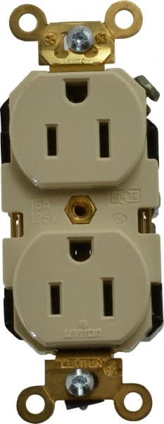 Leviton - 125 VAC, 15 Amp, 5-15R NEMA Configuration, Ivory, Industrial Grade, Self Grounding Duplex Receptacle - 1 Phase, 2 Poles, 3 Wire, Flush Mount, Impact Resistant - Exact Tooling