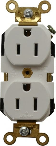 Leviton - 125 VAC, 15 Amp, 5-15R NEMA Configuration, White, Industrial Grade, Self Grounding Duplex Receptacle - 1 Phase, 2 Poles, 3 Wire, Flush Mount, Impact Resistant - Exact Tooling