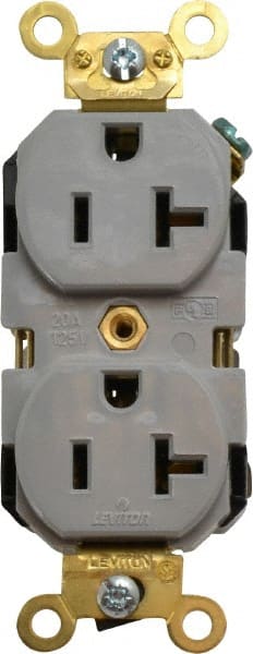 Leviton - 125 VAC, 20 Amp, 5-20R NEMA Configuration, Gray, Industrial Grade, Self Grounding Duplex Receptacle - 1 Phase, 2 Poles, 3 Wire, Flush Mount, Impact and Tamper Resistant - Exact Tooling