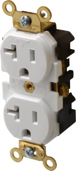 Leviton - 125 VAC, 20 Amp, 5-20R NEMA Configuration, White, Industrial Grade, Self Grounding Duplex Receptacle - 1 Phase, 2 Poles, 3 Wire, Flush Mount, Tamper Resistant - Exact Tooling