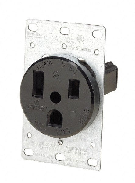 Leviton - 125 VAC, 50 Amp, 5-50P NEMA Configuration, Black, Industrial Grade, Self Grounding Single Receptacle - 1 Phase, 2 Poles, 3 Wire, Flush Mount, Tamper Resistant - Exact Tooling