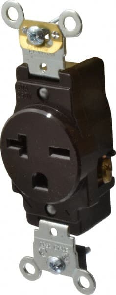 Leviton - 250 VAC, 20 Amp, 6-20R NEMA Configuration, Brown, Industrial Grade, Self Grounding Single Receptacle - 1 Phase, 2 Poles, 3 Wire, Flush Mount, Impact and Tamper Resistant - Exact Tooling