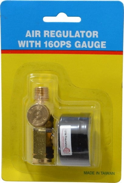 PRO-SOURCE - 1/4 NPT Port, Brass Dial Air Regulator - 10 to 120 psi Range, 120 Max psi Supply Pressure, 1/4" Gauge Port Thread, 2.36" Wide x 1.653" High - Exact Tooling