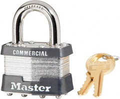 Master Lock - 15/16" Shackle Clearance, Keyed Alike Laminated Steel Padlock - 5/16" Shackle Diam, Steel - Exact Tooling