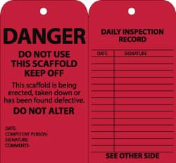 NMC - 3" High x 6" Long, DANGER - DO NOT USE THIS SCAFFOLD-KEEP OFF-DO NOT ALTER, English Safety & Facility Inspection Tag - Tag Header: Danger, 2 Sides, Black & Red Cardstock - Exact Tooling