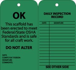 NMC - 3" High x 6" Long, OK - DO NOT ALTER, English Safety & Facility Inspection Tag - Tag Header: Notice, 2 Sides, Black & Green Cardstock - Exact Tooling