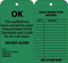 NMC - 3" High x 6" Long, OK - DO NOT ALTER, English Safety & Facility Inspection Tag - Tag Header: Notice, 2 Sides, Black & Green Cardstock - Exact Tooling