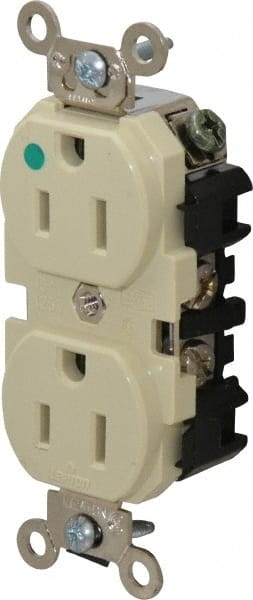 Leviton - 125 VAC, 15 Amp, 5-15R NEMA Configuration, Ivory, Hospital Grade, Self Grounding Duplex Receptacle - 1 Phase, 2 Poles, 3 Wire, Flush Mount, Impact Resistant - Exact Tooling