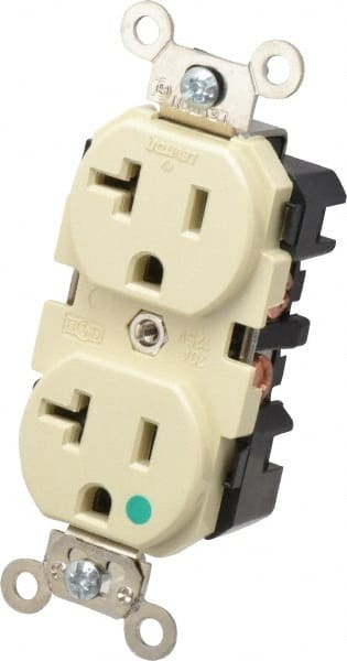 Leviton - 125 VAC, 20 Amp, 5-20R NEMA Configuration, Ivory, Hospital Grade, Self Grounding Duplex Receptacle - 1 Phase, 2 Poles, 3 Wire, Flush Mount, Impact Resistant - Exact Tooling