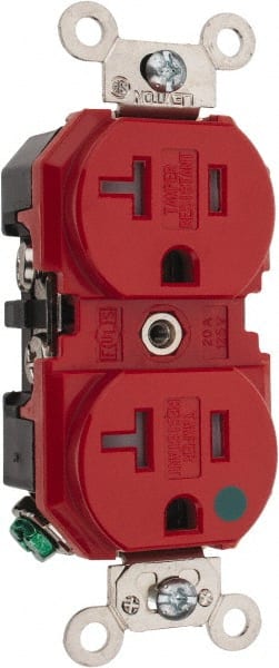 Leviton - 125 VAC, 20 Amp, 5-20R NEMA Configuration, Red, Hospital Grade, Self Grounding Duplex Receptacle - 1 Phase, 2 Poles, 3 Wire, Flush Mount, Tamper Resistant - Exact Tooling