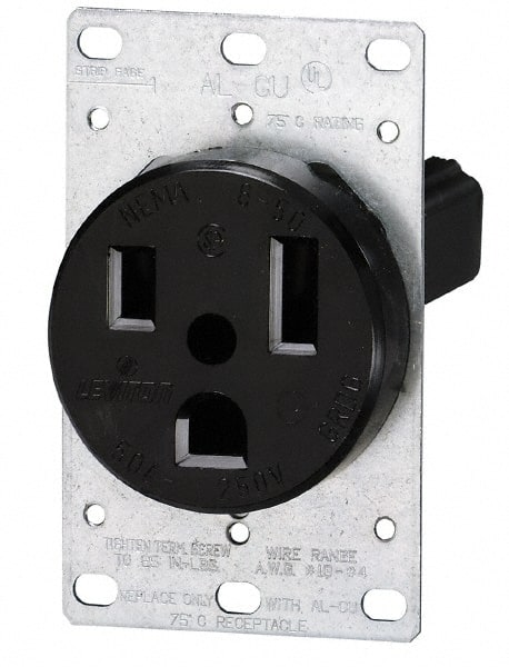 Leviton - 250 VAC, 50 Amp, 15-50R NEMA Configuration, Black, Industrial Grade, Self Grounding Single Receptacle - 3 Phase, 3 Poles, 4 Wire, Flush Mount, Tamper Resistant - Exact Tooling