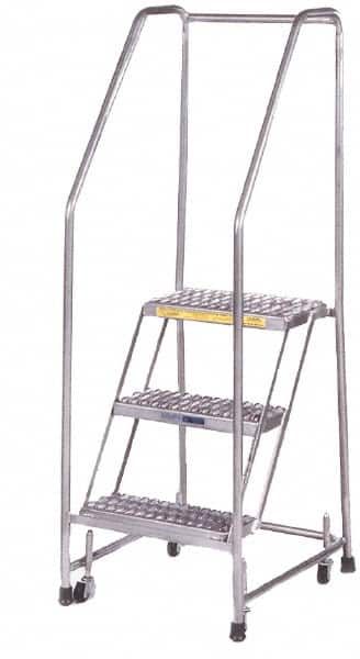 Ballymore - 58-1/2" 3 Step Ladder - Rolling Safety Ladder, 300 Lb Capacity, 28-1/2" Platform Height, 20" Base Width x 25" Depth, Heavy-Duty Serrated Grating - Exact Tooling