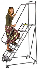 Ballymore - 103" 7 Step Ladder - Spring Loaded Rolling Safety Ladder, 450 Lb Capacity, 70" Platform Height, 30" Base Width x 56" Depth, Abrasive Mat Tread - Exact Tooling