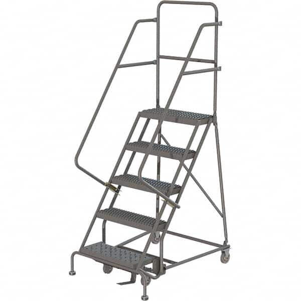 TRI-ARC - 86" 5 Step Rolling Platform Ladder - 450 Lb Capacity, 50" Platform Height, 30" Base Width x 42" Depth, Serrated Tread - Exact Tooling