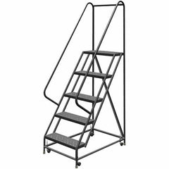 TRI-ARC - 86" 5 Step Rolling Platform Ladder - 450 Lb Capacity, 50" Platform Height, 30" Base Width x 42" Depth, Perforated Tread - Exact Tooling