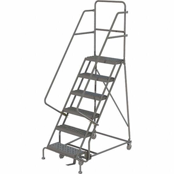 TRI-ARC - 96" 6 Step Rolling Platform Ladder - 450 Lb Capacity, 60" Platform Height, 27" Base Width x 50" Depth, Serrated Tread - Exact Tooling