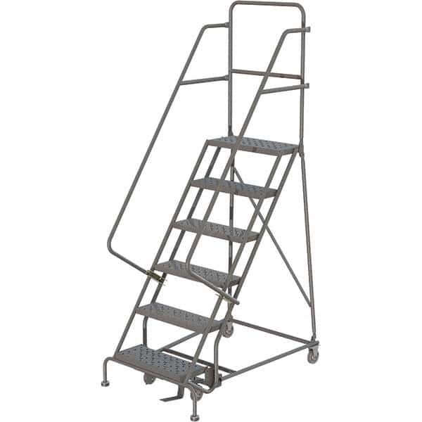 TRI-ARC - 96" 6 Step Rolling Platform Ladder - 450 Lb Capacity, 60" Platform Height, 27" Base Width x 50" Depth, Perforated Tread - Exact Tooling
