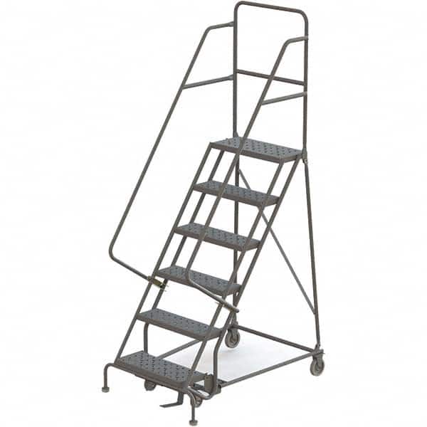 TRI-ARC - 96" 6 Step Rolling Platform Ladder - 450 Lb Capacity, 60" Platform Height, 35" Base Width x 50" Depth, Perforated Tread - Exact Tooling