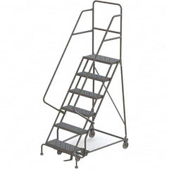 TRI-ARC - 96" 6 Step Rolling Platform Ladder - 450 Lb Capacity, 60" Platform Height, 35" Base Width x 50" Depth, Perforated Tread - Exact Tooling