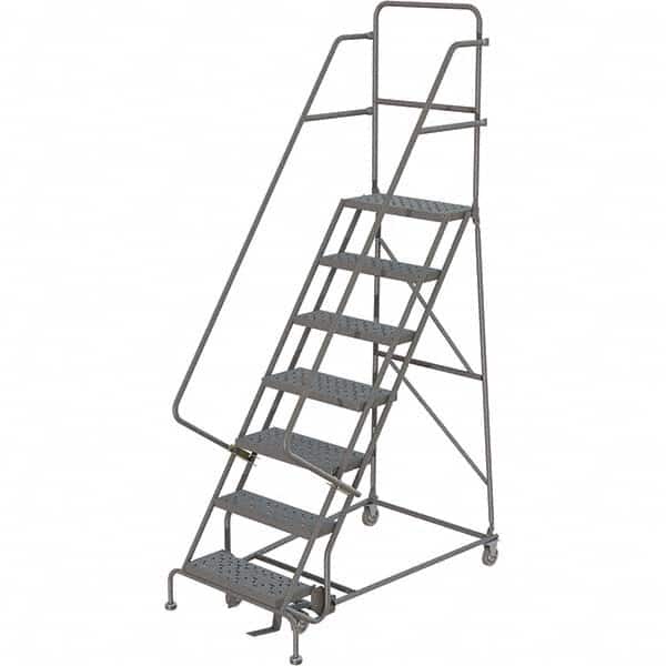 TRI-ARC - 106" 7 Step Rolling Platform Ladder - 450 Lb Capacity, 70" Platform Height, 27" Base Width x 57" Depth, Perforated Tread - Exact Tooling