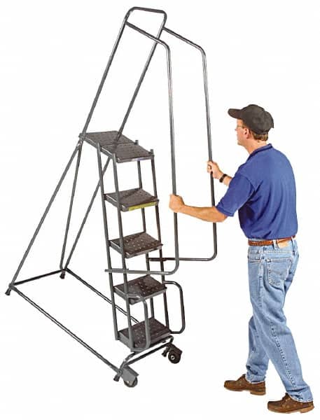 Ballymore - 93" 6 Step Ladder - Tilt & Roll Safety Ladder, 450 Lb Capacity, 60" Platform Height, 30" Base Width x 49" Base Depth, Perforated Tread - Exact Tooling