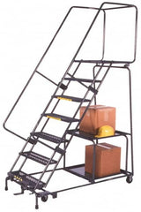 Ballymore - 103" 7 Step Ladder - Safety Stock Picking Ladder, 450 Lb Capacity, 70" Platform Height, 30" Base Width x 55" Depth, Perforated Tread - Exact Tooling