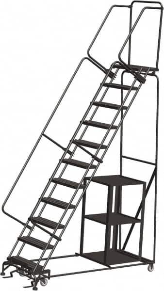 Ballymore - 143" 11 Step Ladder - Safety Stock Picking Ladder, 450 Lb Capacity, 110" Platform Height, 32" Base Width x 80" Depth, Perforated Tread - Exact Tooling