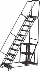 Ballymore - 143" 11 Step Ladder - Safety Stock Picking Ladder, 450 Lb Capacity, 110" Platform Height, 32" Base Width x 80" Depth, Perforated Tread - Exact Tooling