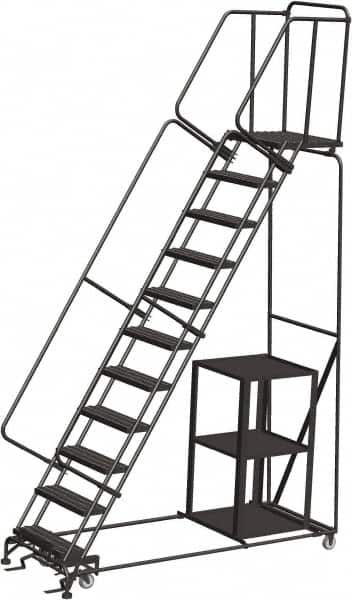 Ballymore - 143" 11 Step Ladder - Safety Stock Picking Ladder, 450 Lb Capacity, 110" Platform Height, 32" Base Width x 87" Depth, Expanded Metal Tread - Exact Tooling