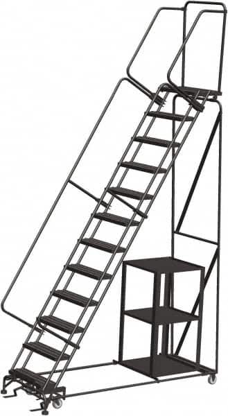 Ballymore - 153" 12 Step Stock-Picking Ladder - 450 Lb Capacity, 120" Platform Height, 32" Base Width x 87" Depth, Perforated Tread - Exact Tooling