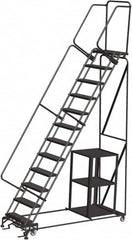 Ballymore - 153" 12 Step Ladder - Safety Stock Picking Ladder, 450 Lb Capacity, 120" Platform Height, 32" Base Width x 87" Depth, Perforated Tread - Exact Tooling