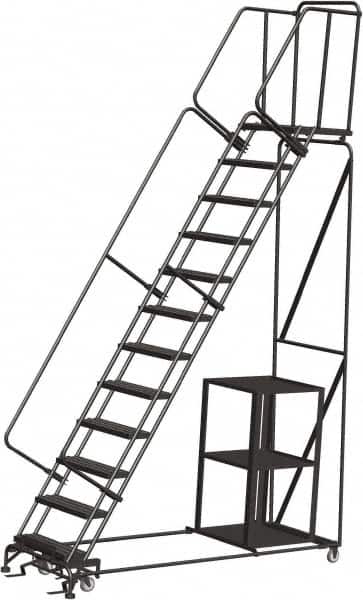 Ballymore - 153" 12 Step Ladder - Safety Stock Picking Ladder, 450 Lb Capacity, 120" Platform Height, 32" Base Width x 93" Depth, Perforated Tread - Exact Tooling
