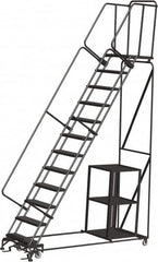 Ballymore - 153" 12 Step Ladder - Safety Stock Picking Ladder, 450 Lb Capacity, 120" Platform Height, 32" Base Width x 93" Depth, Perforated Tread - Exact Tooling