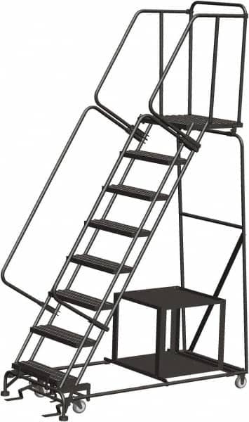 Ballymore - 113" 8 Step Ladder - Safety Stock Picking Ladder, 450 Lb Capacity, 80" Platform Height, 32" Base Width x 68" Depth, Perforated Tread - Exact Tooling