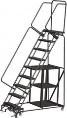 Ballymore - 123" 9 Step Ladder - Safety Stock Picking Ladder, 450 Lb Capacity, 90" Platform Height, 32" Base Width x 68" Depth, Perforated Tread - Exact Tooling