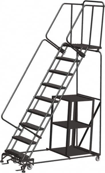 Ballymore - 123" 9 Step Ladder - Safety Stock Picking Ladder, 450 Lb Capacity, 90" Platform Height, 32" Base Width x 74" Depth, Perforated Tread - Exact Tooling