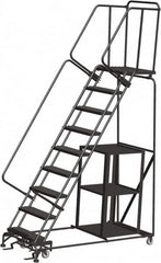 Ballymore - 123" 9 Step Ladder - Safety Stock Picking Ladder, 450 Lb Capacity, 90" Platform Height, 32" Base Width x 74" Depth, Perforated Tread - Exact Tooling